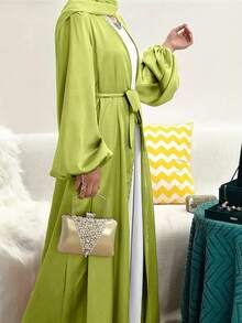 优雅时尚的女士纯色长款开衫，腰间系带，适合春季派对穿着 - 綠色 - 查看 5