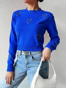 Suéter Tejido Punto Corazones Piedras Brillantes Cuello Redondo Manga Larga Mujer Romantic Aesthetic Cómodo Casual Elegante Femenino Juvenil Moderno Versátil Soft Temporada Otoño Invierno Cute Adorable - Azul - Ver 3