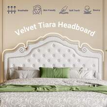 Estructura de cama tamaño completo con cabecero de terciopelo ajustable tipo tiara, cama de plataforma tapizada con botones de diamante acolchados, soportada por listones de madera, sin necesidad de caja de resortes, color blanco - Blanco - Ver 9