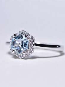 1pc S925 Sterling Silver Sky Blue Topaz Hexagon Ring, Hypoallergenic, Adjustable Size, Suitable For Party, Music Festival, Valentine's Day Gift, Elegant Bohemian Rose Design, Timeless