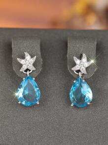 1 paire de boucles d'oreilles pour femmes en zircone cubique blanche plaquée or avec étoile de mer bleue - bijoux de luxe pour les fêtes d'été et le quotidien - accessoire durable et brillant