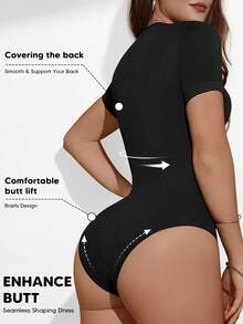 Suprenx Ribbed Jumpsuit, Valentine's Day Women's Shapewear Bodysuit, Tummy Control Workout Unitard With Crew Neck Short Sleeve Top - Black - View 3