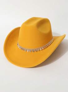 1 Peça Chapéu de Feltro Unissex, Chapéu de Feltro de Lã de Cor Sólida e Plano na Parte Superior com Decoração de Cinto em Formato de Diamante, Chapéu de Cowboy Ocidental Estiloso, Adequado para Noiva, Apresentação, Festa, Uso Externo, Todas as Estações