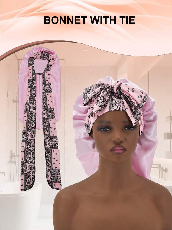 1 Pieza Gorro de satén con lazo y cordones, unicolor, elástico, gorro de dormir ligero, gorro de baño para mujeres y niñas, color negro, para el Día de San Valentín