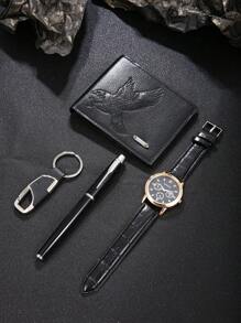 Conjunto de presente com 4 relógios masculinos clássicos, incluindo relógio, caneta, chaveiro e carteira, adequado para ocasiões empresariais