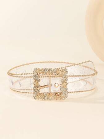 1件方形水钻扣透明珠边时尚百搭女士腰带，简约设计，适合日常使用