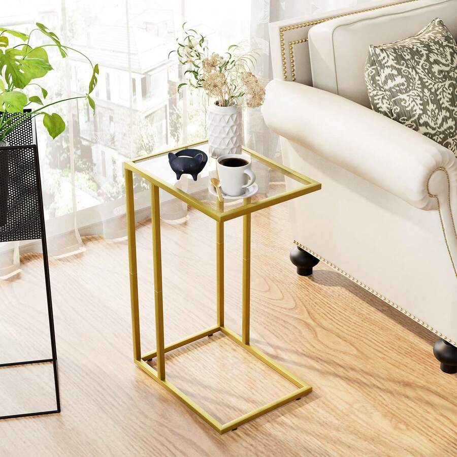 Mesa auxiliar en forma de C, mesa auxiliar para sofá, mesa auxiliar con marco de vidrio templado y metal, mesa auxiliar pequeña para TV, ideal para espacios reducidos, sala de estar, dormitorio, mesita de noche, estilo moderno, color dorado. - Dorado - Ver 1