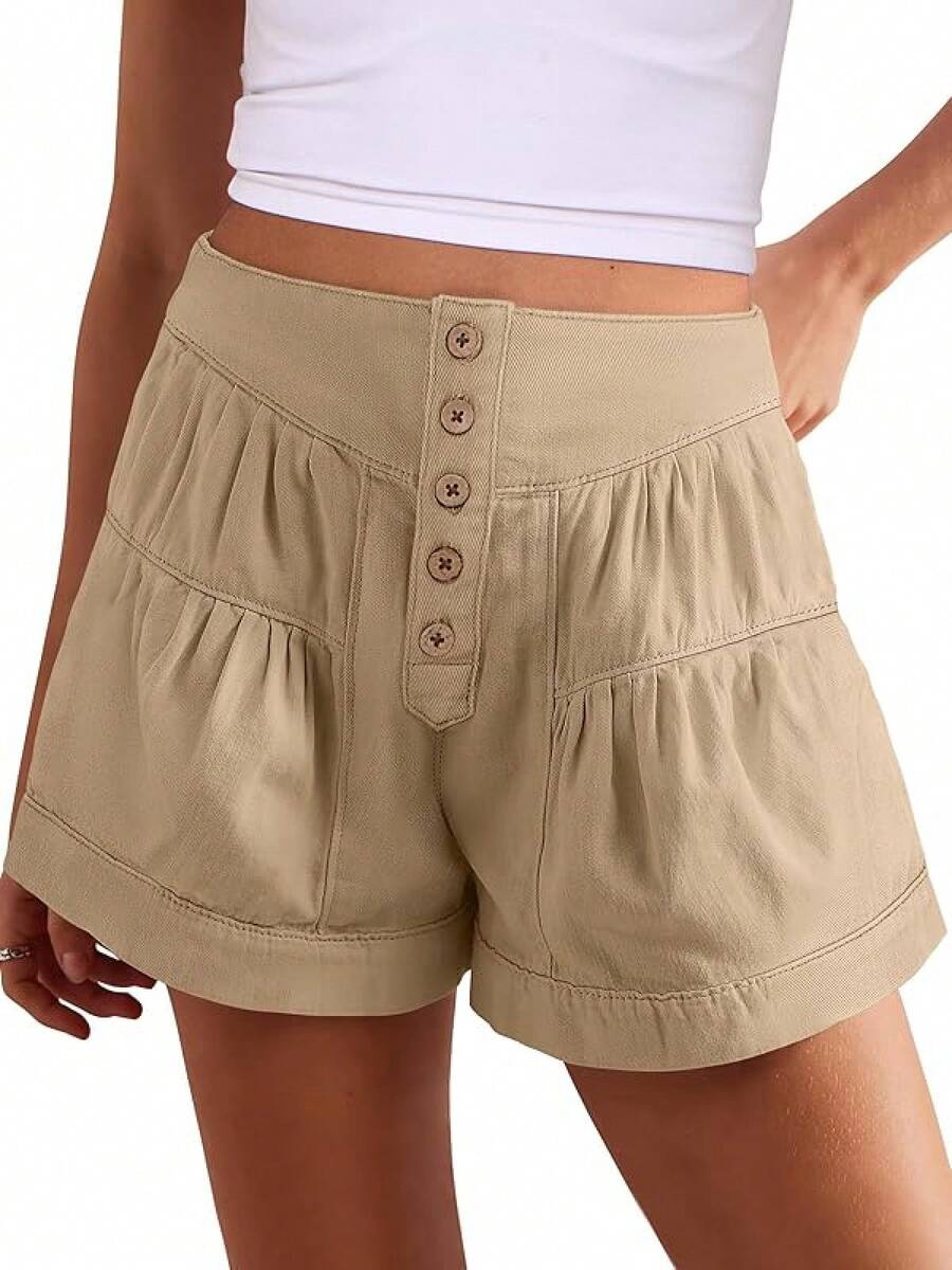 ANRABESS Women's Shorts Summer Baggy High Waisted Flowy Wide Leg Buttons Pleated Casual Jean Shorts 2025 Fashion Skorts - 卡其色 - 查看 1