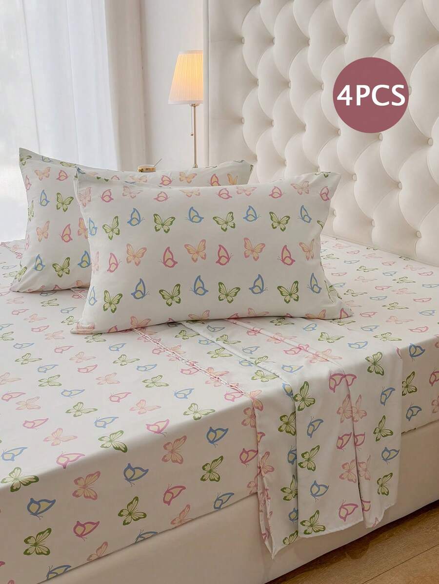 4pcs 100% Polyester Butterfly Print Bedding Set (2 Pillowcases + 1 Bed Sheet + 1 Fitted Sheet), Modern Polyester Bedding Set Suitable For All Seasons - Multicolor - View 1