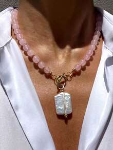 1pc Rose Quartz Beaded Necklace Faux Pearl Gorgeous Fashion Metal Multicolor Women Pendant Necklace For Women Daily And Party Wear - 彩色 - 查看 7