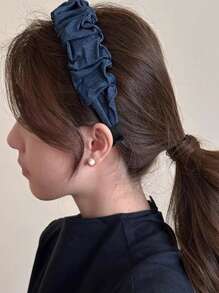 2 peças Headbands de Denim Plissados de Borda Larga de Cor Sólida e Elegante para Mulheres, Acessórios Versáteis de Coroa Alta, Adequados para Decorar Penteados, Passeios Diários, Estilo Boêmio, Elegante, Faixa de Cabelo para Mulheres, Acessórios de Cabelo, Tiara de Cabelo