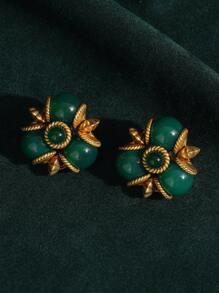 2pcs Vintage Antique Bronze Plated 18K Gold Clover Faux Agate Glass Pearl Green Turquoise Beaded Dangle Earrings