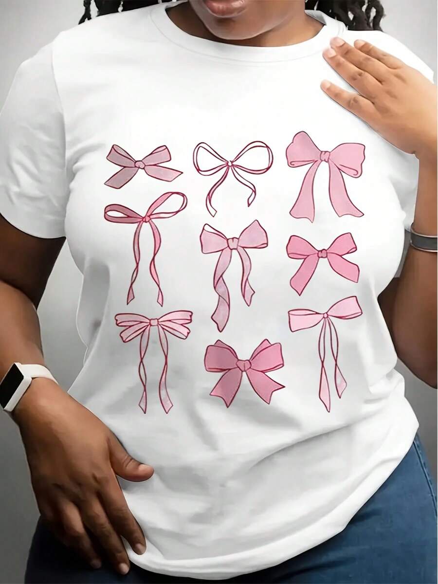 Plus Size - 1pc Women'S Casual Bow Printed T Shirt- Crew Neck, Short Sleeve, Machine Washable, Soft And Comfortable Fabric, Suitable For All Seasons, White With Pink Bow Design, Bow T-Shirt - trắng - Xem 1