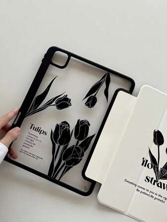 Black Flower Letters Double-Sided Painted Acrylic Transparent Crystal Backplate Anti Drop Tablet Protective Shell 10.2/10.5/10.9Inch 12.9Inch