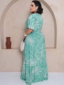 Plus Size Long Dress V Neck Short Sleeve - Green Flag Estam. - View 3