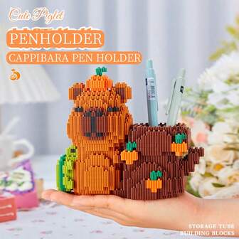 Adorable Capybara Building Block Pen Holder - Multifunctional Office Desk Organizer Box For Stationery, Cosmetics And Crafts, Perfect Birthday Gift, Dark Brown/Black ABS Material, Animal Themed Desktop Decor, Desktop Decoration