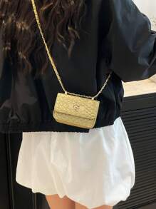 Mini bolso cuadrado, textura trenzada, costura acolchada, nuevo bolso de mujer, bolso de hombro con patrón de rombos de alta calidad, bolso bandolera con cadena trenzada, bolso cruzado con solapa para lápiz labial, accesorio de bolso de mujer lindo