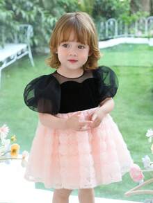 Baby Girls Bow Back Puff Sleeve Tulle Party Princess Dress, Suitable For Baby's 1st Birthday, Wedding, Party, Holiday Celebration - Pink - View 1
