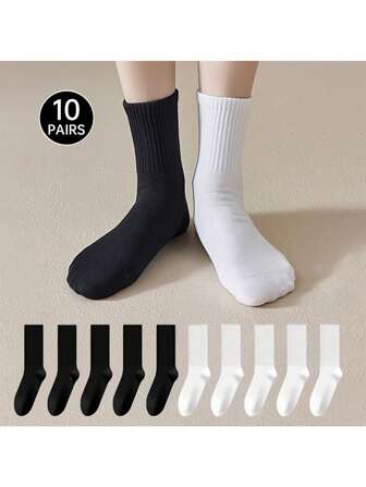 5/10 Pairs Unisex Mid-Calf Socks, Simple Design Versatile Comfortable Business Sports Socks, White And Black