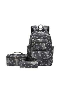 Set di 3 pezzi di zaino con stampa a stelle, con astuccio e borsa termica, design multi-scomparti con grande capacità, cinghie regolabili e confortevoli, schienale traspirante, strisce riflettenti per l'uso notturno, tasche laterali per bottiglia d'acqua e ombrello, adatto per uso quotidiano e viaggi, zaino in poliestere impermeabile, regalo per il ritorno a scuola