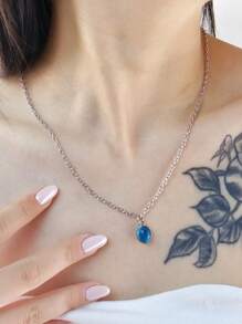 High-End Elegant Aqua Blue Natural Gemstone Water Drop Necklace, Unique Design Oval Pendant Clavicle Chain, Gift For Her