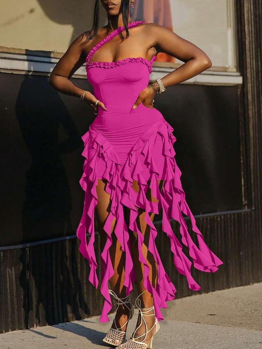 Women Summer Sexy Strapless Midi Ruffles Bodycon Dress Solid Color Stretch Slit Slim Party Cocktail Dresses New Year And Valentine Day Outfits - 玫紅色 - 查看 1