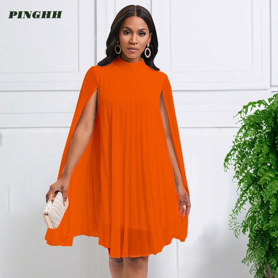 Women's Stand Collar Pleated Cape Sleeve Dress LooseKnee Length Club Dress Summer Solid Color Dress - Quả cam - Xem 1