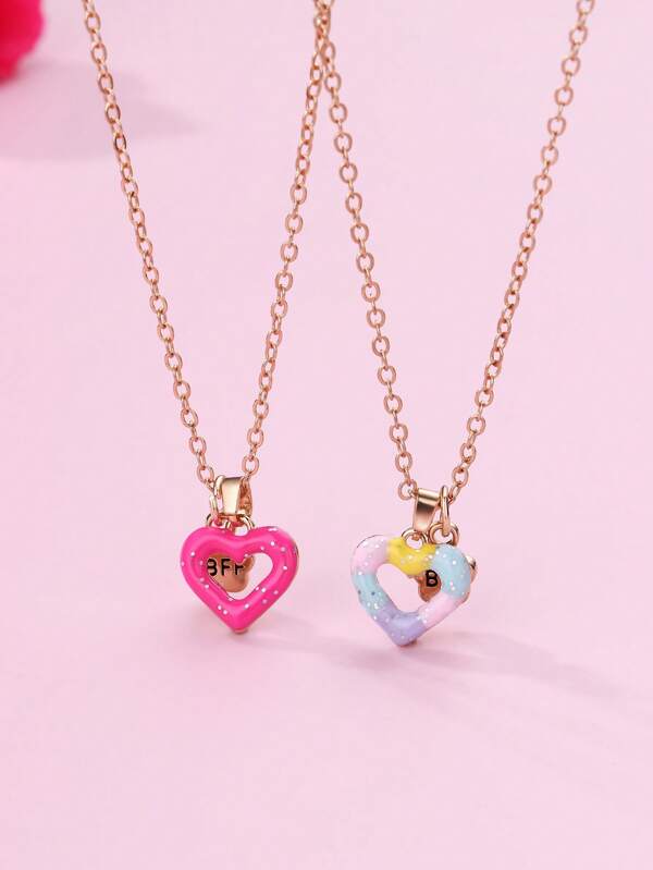 2pcs Zinc Alloy Colorful Enamel Heart & Flower Pendant BFF Necklace Set, Gift Suitable For Back To School, Holiday Season