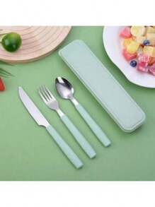4 Stück tragbares Besteck-Set aus Edelstahl mit Messer, Gabel, Löffel und Aufbewahrungsbox - perfekt für Büros, Schulen, Picknicks, Camping und Outdoor-Aktivitäten (besonders geeignet für Kinder)