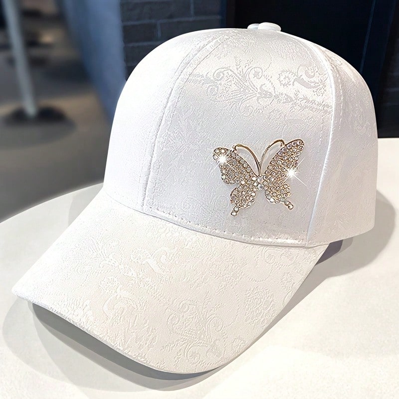 [Elegant | Rhinestone] Lightweight Breathable Polyester Elegant Rhinestone Butterfly Baseball Cap For Women | Adjustable Fit, Lace Print | Perfect For Spring & Summer, Valentine's Day - Trắng A - Xem 1