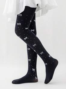 1 件女孩/儿童黑色纯色卡通蝴蝶结印花热转印打底裤袜芭蕾舞紧身裤适合日常、学校、可爱风格、所有季节 - 黑色 - 查看 2