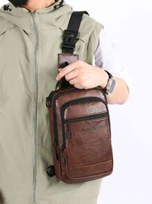 Bolsa de Negócios Casual Vintage PU Masculina com Impressão de Letra e Múltiplos Bolsos no Peito, Bolsa Versátil de Ombro/Transversal para Deslocamento, Compras, Trabalho