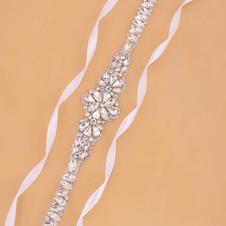 1 chiếc thắt lưng cô dâu đính pha lê thủ công, phần giữa dày hơn và viền hẹp hơn, phù hợp với váy cưới hoặc phụ kiện ngày Valentine. - Bạc - Xem 1