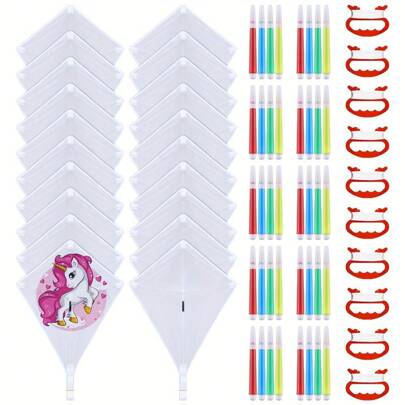 Local Shipping- 144 Watercolor Pens And 36 Swivel Line Decorating Coloring Kite Party Pack For Outdoor 36 Sets DIY Kites, Kite Making Kit White Blank Kites With