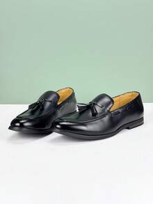 经典复古风格男士一脚蹬乐福鞋，优雅绅士皮鞋，流苏装饰，透气纯色防滑耐用鞋底，适合休闲、通勤、商务、正式场合、毕业典礼、婚礼、派对，适合中年、青年、学生，四季皆宜 - 黑色 - 查看 11