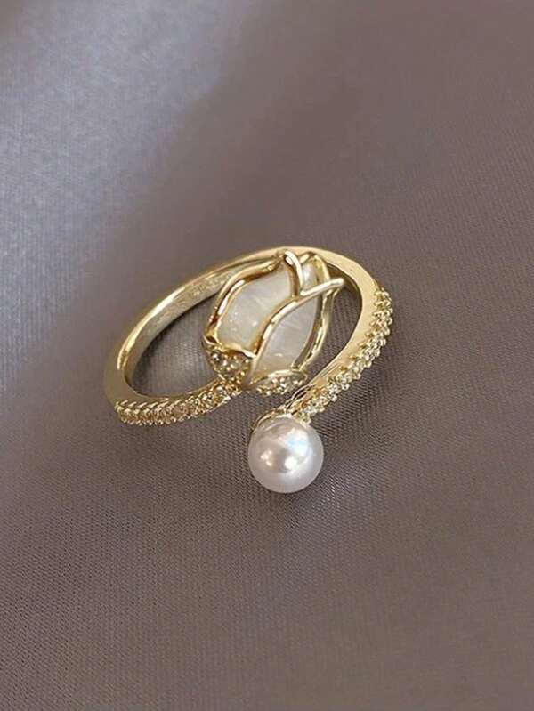 Anillo con diseño de brote de tulipán rosa/blanco - Regalo de joyería floral elegante para Navidad, Día de San Valentín, Año Nuevo, apropiado para mujeres y adolescentes mayores de 15 años