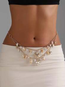 Summer Sexy Beach Body Chain Necklace With Shell And Starfish Pendants, Multi-Layer Waist Chain For Casual/Beach Outfits