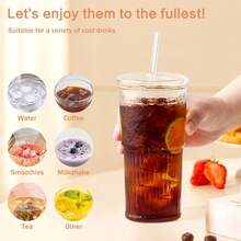 2PCS Glass Cups With Lids And Glass Straws, 20OZ Iced Coffee Cups, Home Essential And Coffee Bar Accessories, Borosilicate Glass Tumblers With Lid And Straw, Suitable For Coffee, Juice, Cocktails, And Tea - 粉色 - 查看 6