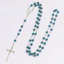 1 件欧洲复古精致多色玫瑰念珠手工串珠心形和十字架吊坠长 Y 型项链，男女通用颈骨链，适合玫瑰月、复活节、仪式佩戴