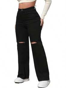 Pantalones vaqueros de tiro alto y pierna ancha con efecto desgastado y elásticos para mujeres THUNDER - 1# Negro - Ver 5