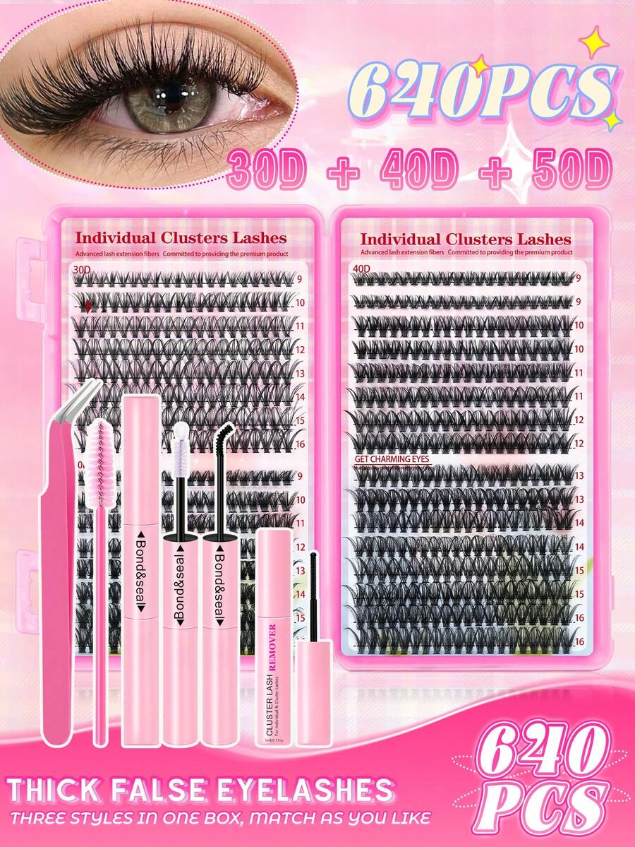 640PCS 30D40D50DDramatic C-Curl 8-16MM Mix DIY Lash Extension Kit Set DIY Bottom Lashes Eyelashes Book Big Volume Soft Individual Cluster Lashes Create A Fluffy Natural Wispy Y2k Butterfly Elements Pink Base Card Look At Home Long Lasting DIY Lashes Glue ,DIY Glue Remover,DIY Lashes Tweezers