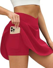 LouKeith Tennis Skirts For Women Pleated Crossover High Waisted Athletic Workout Golf Skorts Skirts With Shorts Pocket - Red - View 3