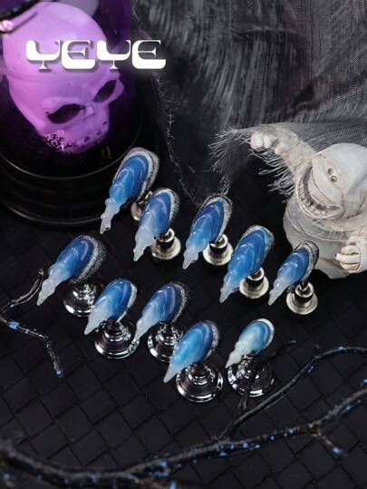 Add A Touch Of Romance With 10pcs Short Square Shape Handmade Special 3d Three-Dimensional Decoration Eagle Claw Glow In The Dark Mordern Luminous Full Coverage Fake Nail Set Elegant Rock Style Blue Tear Iridescent Sibylline Nails European Style Gleamy In Dark Full Cover Acrylic Press On Nails Set For Women And Girls Cosplay Vanity With 1pc Mini Nail File & 1 Sheet Adhesive Tabs
