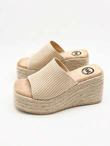 Women's Wedge Sandal, Fashionable Solid Color And Knitted Fabric, Thick Sole And Comfortable Insole, Perfect For Vacation And Daily Wear. - 米色 - 查看 2
