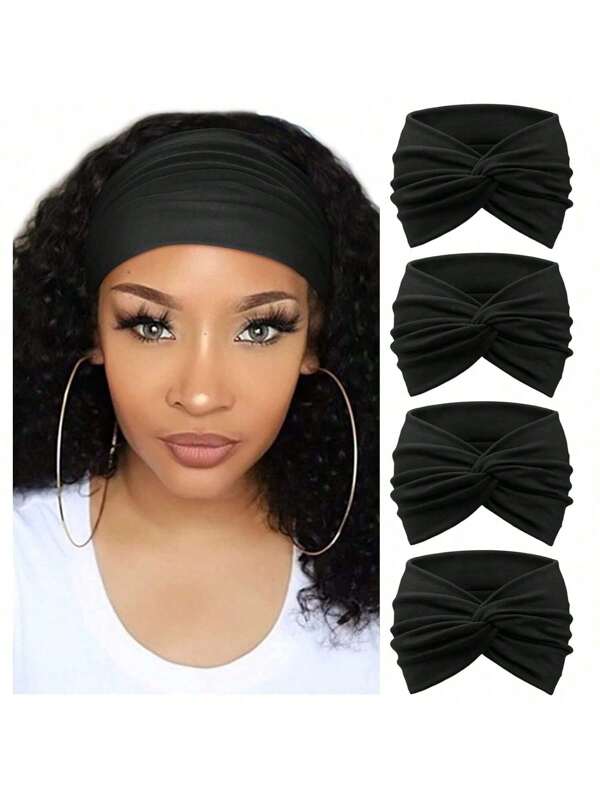 2pcs Solid Color Black Wider Cross Knotted Sports Yoga Headband For Women, Fashion Hair Accessories