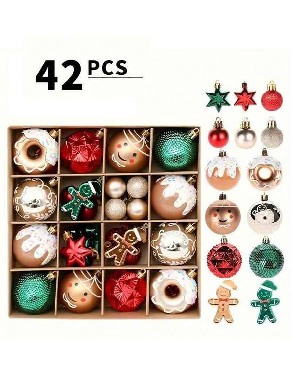 42 قطعة مجموعة زينة عيد الميلاد، تشمل كرات الزينة، ديكور رجل الزنجبيل معلق، زينة حفلة عيد الميلاد، كرات بلاستيكية معلقة، مناسبة لشجرة عيد الميلاد والمنزل وديكور الغرفة، احتفالات عيد الميلاد، لوازم الحفلات، هدايا العطلات، هدايا رأس السنة الجديدة الشتوية