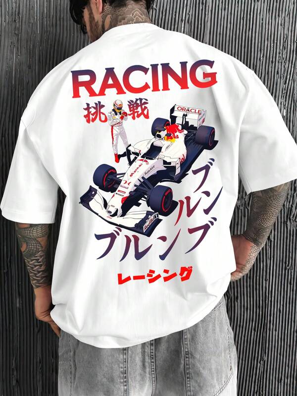 Men's Casual Anime Racing Car Print Graphic Loose Fit Round Neck T-Shirt, White
