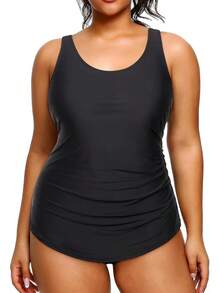 Holipick Plus Size Sarong Swimsuit Women Tummy Control Bathing Suit Ruched Backless Swimwear - 黑色 - 查看 2