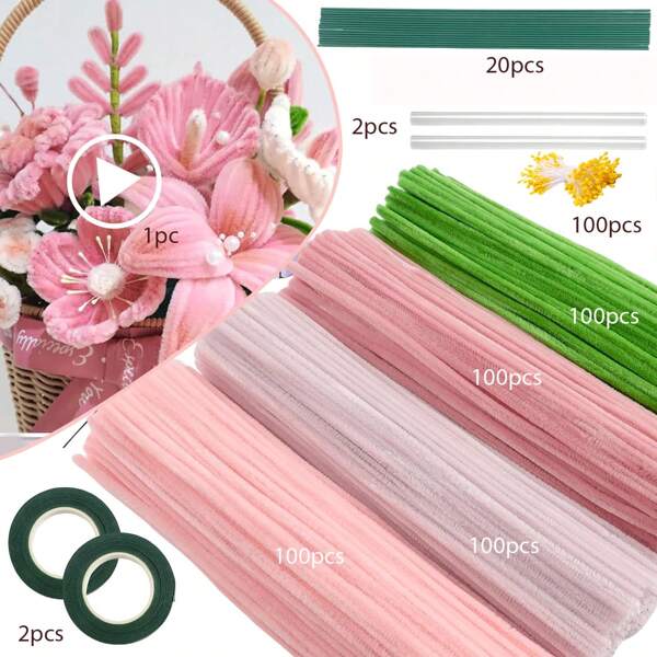 400/525/575pcs Pipe Cleaners Craft Set With Tutorial Video, Perfect For Making Flowers, Cheinlle Srem For Craft Work, Artificial Floral Arrangement, Valentine's, Mother'S Day Gifts