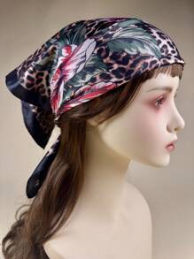 1 Stück Damen Blumen und Leopard Muster Quadratischer Schal, elegantes Halstuch Bandana, Satinschal als Haraccessoire